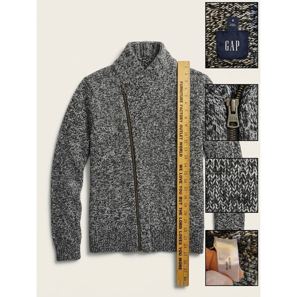 GAP Mens Chunky Knit Moto-Cardigan Sweater Funnel Neck Marled Size S